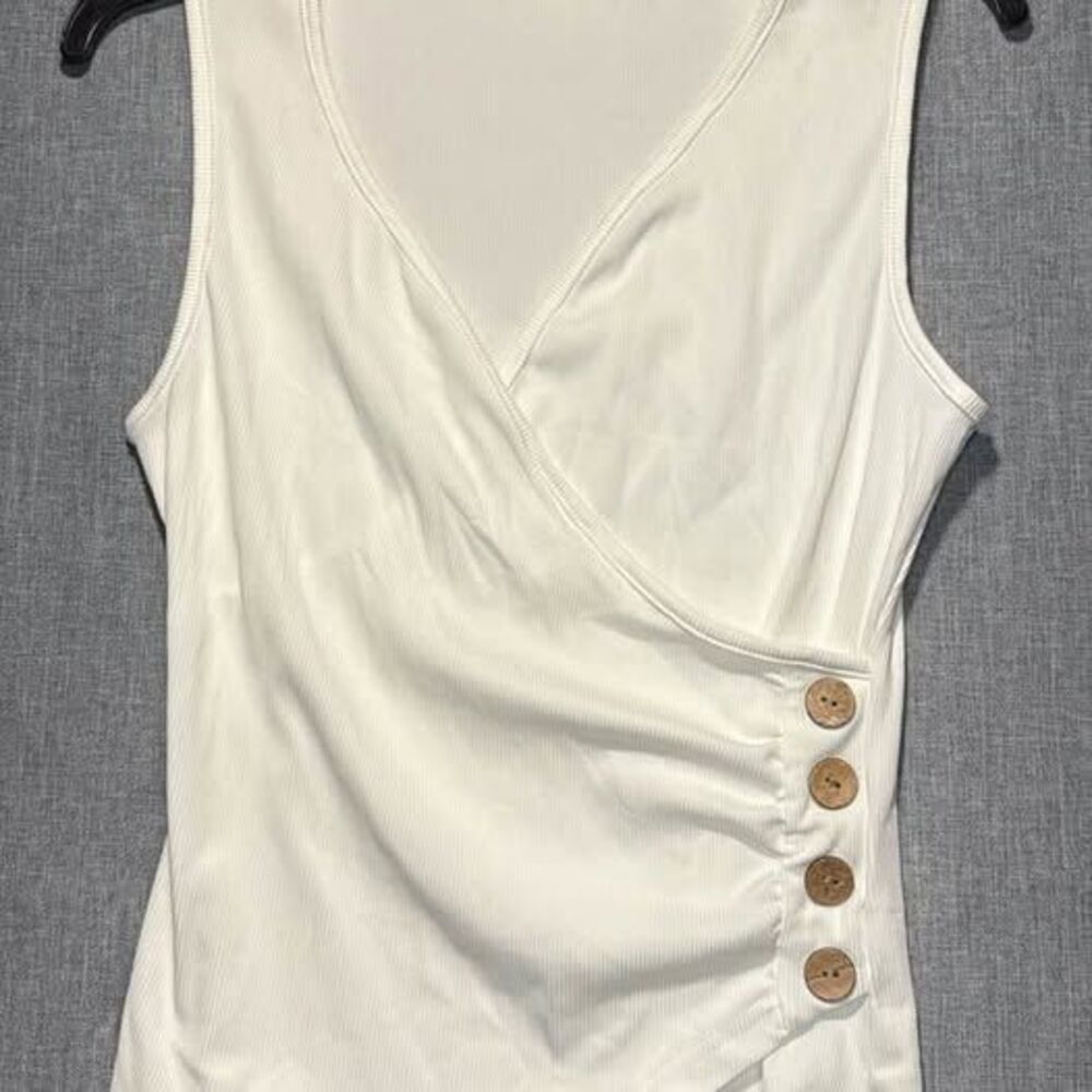 White V Neck Tank, Ruched Side, M